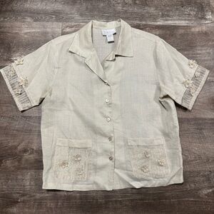 Jordan 100% Silk Vintage Button Front Blouse Textured Flowers on Sleeves